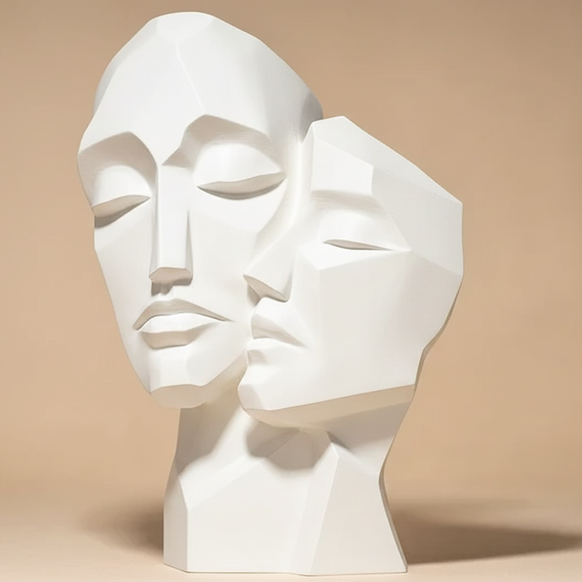 Sculpture Visage Couple Moderne - Statue Décorative Noire Abstraite