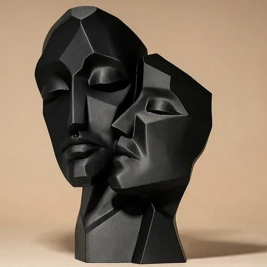 Sculpture Visage Couple Moderne - Statue Décorative Noire Abstraite