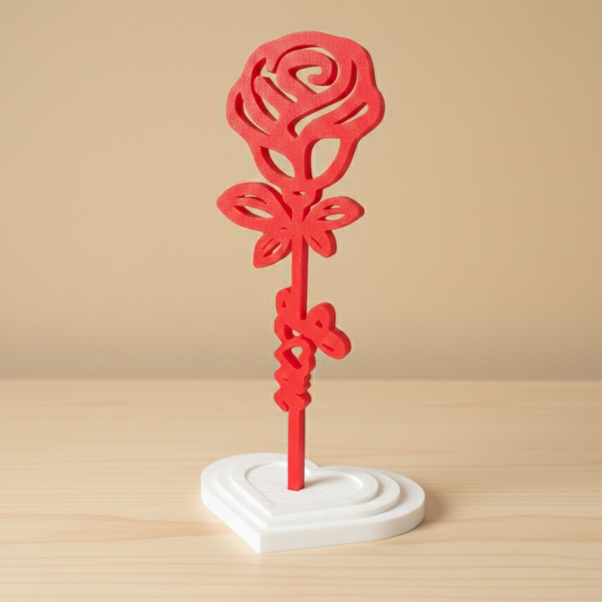 Rose Éternelle Design en Impression 3D sur Socle Cœur – Cadeau Romantique Unique