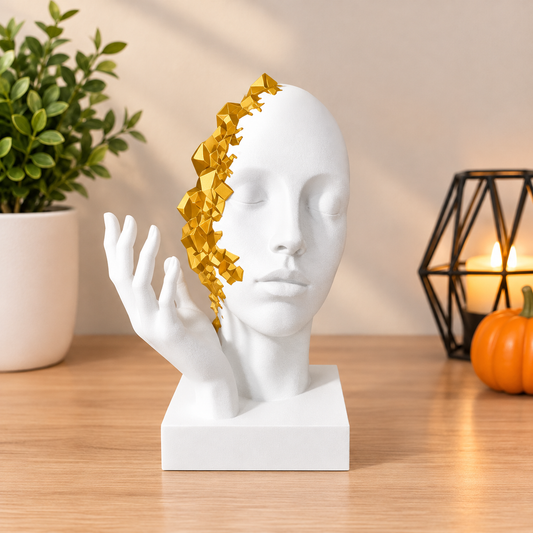 Sculpture Buste Visage & Cristaux – Statue Surréaliste Design Minimaliste - Décoration Minimaliste Luxe Salon