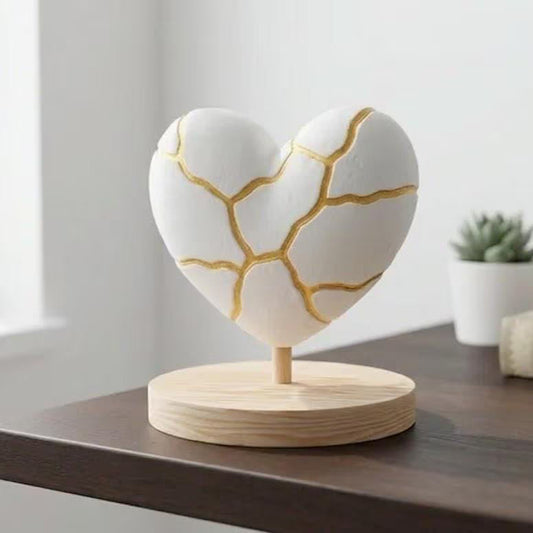 Sculpture Cœur Kintsugi sur Socle effet Bois - Statue Symbolique "Beauté de l'Imperfection" - Déco Zen et Spirituelle Or et Blanc