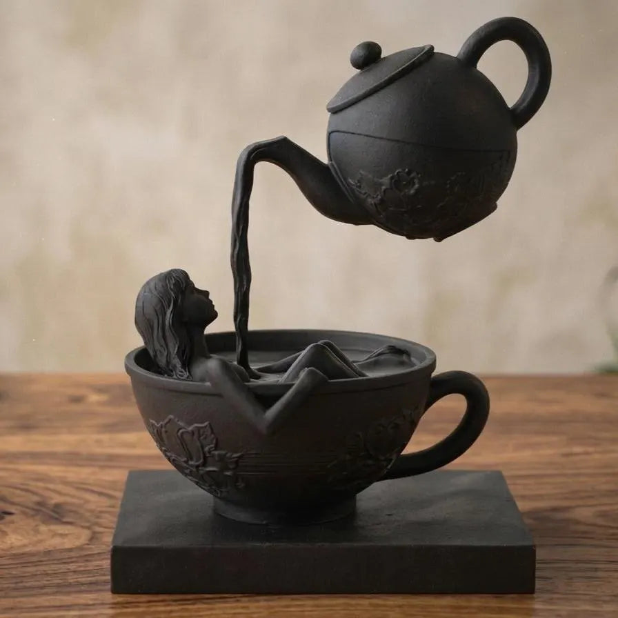 Sculpture Surréaliste Théière Flottante - Statuette Femme dans une Tasse de Thé - Déco Insolite et Artistique Noire