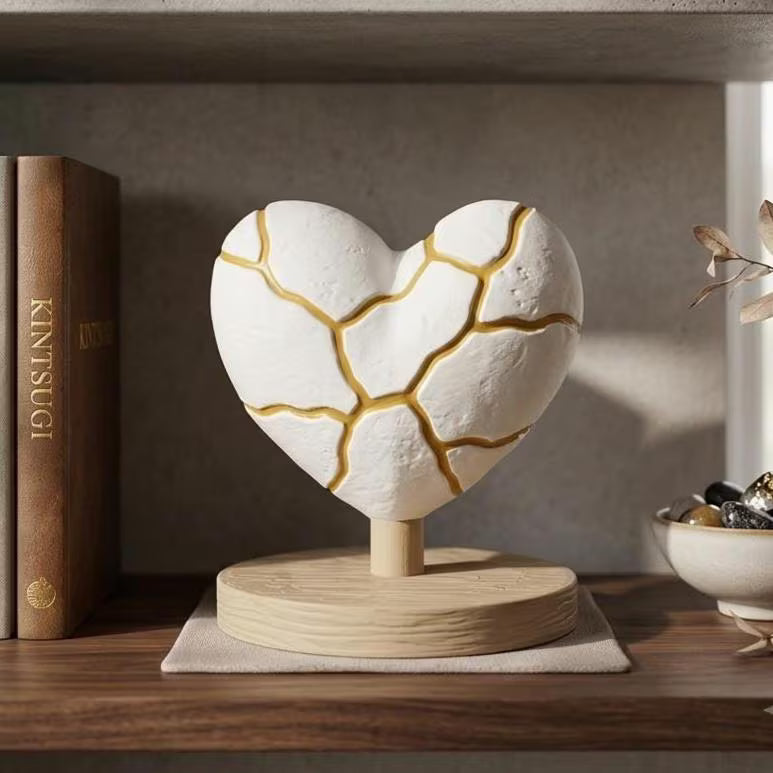 Sculpture Cœur Kintsugi sur Socle effet Bois - Statue Symbolique "Beauté de l'Imperfection" - Déco Zen et Spirituelle Or et Blanc